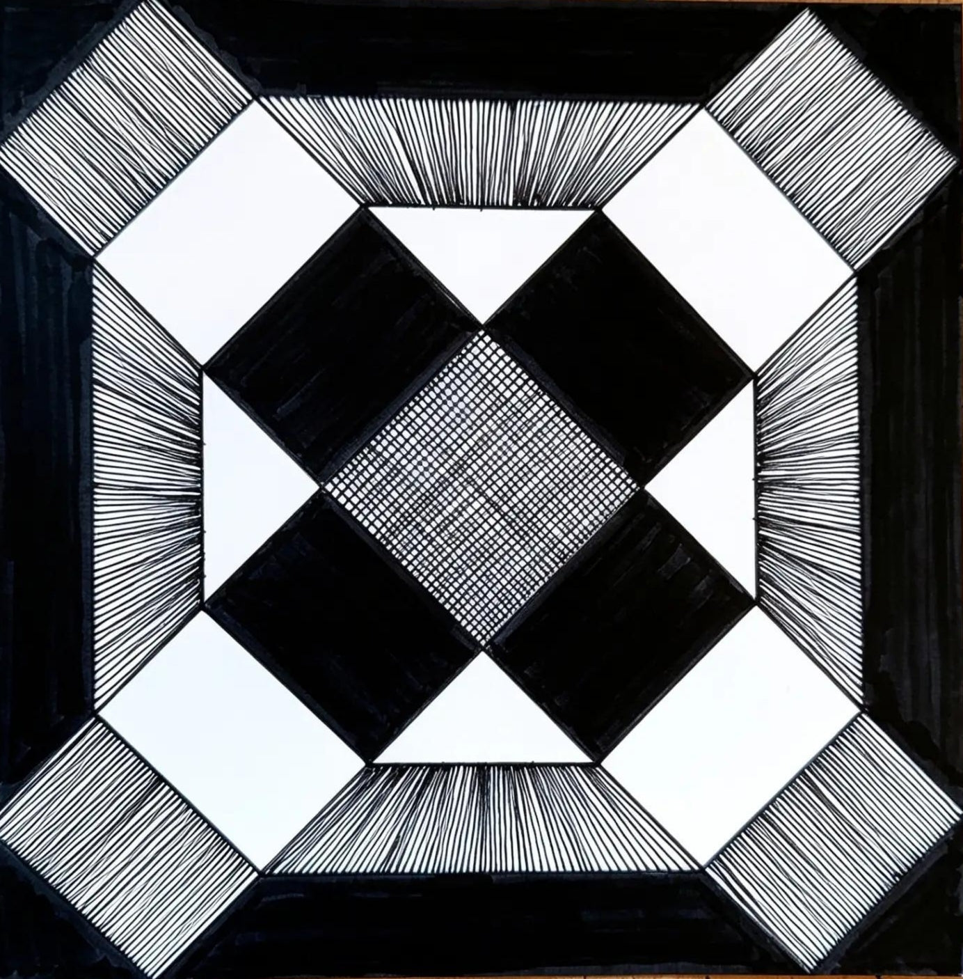 Geometrik siyah-beyaz ip sanatı tablosu, el yapımı orijinal eser