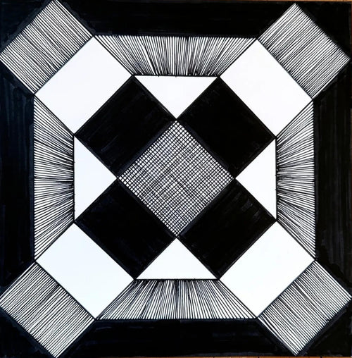 Geometrik siyah-beyaz ip sanatı tablosu, el yapımı orijinal eser