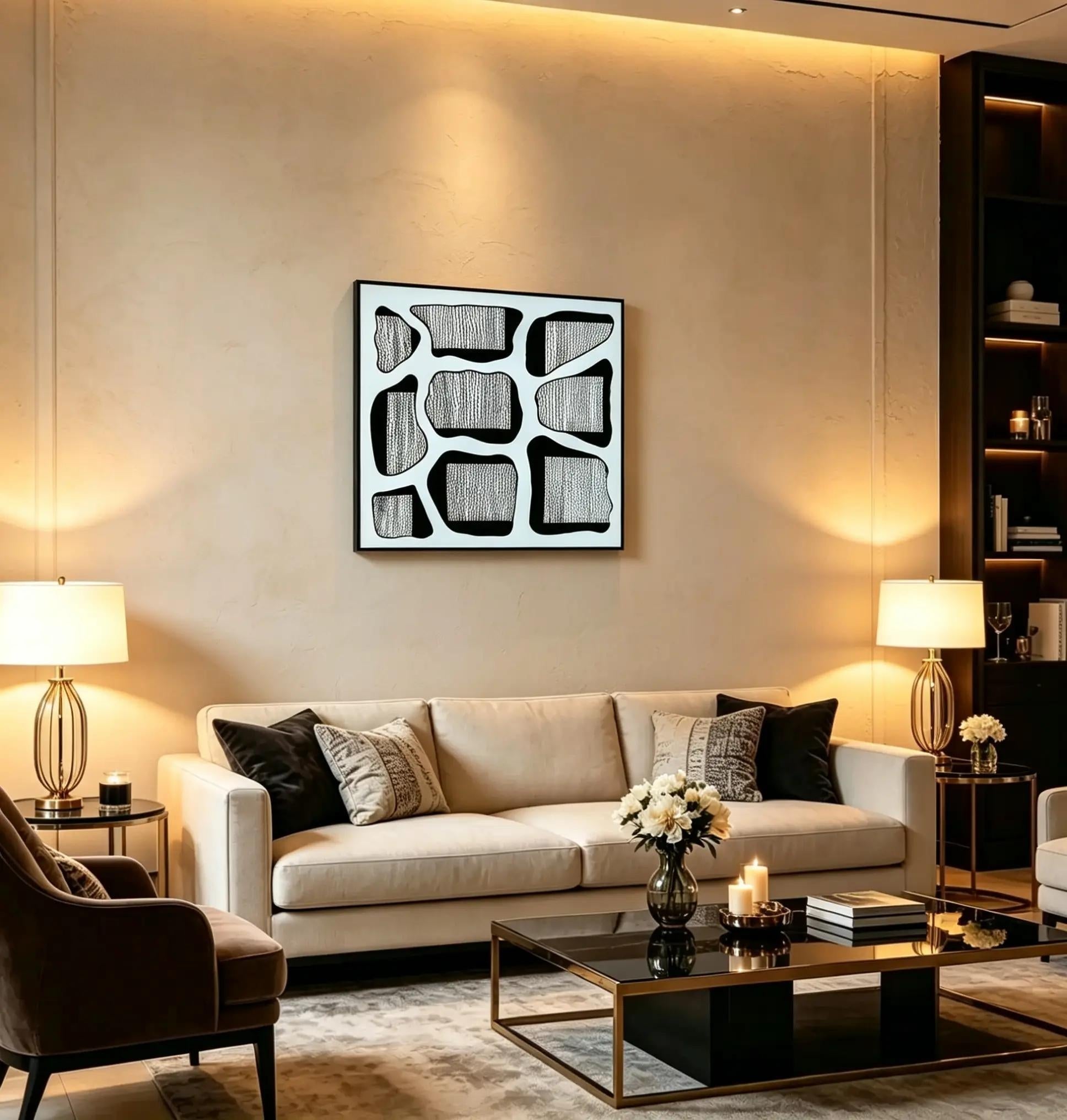 Textured Stones art print displayed as framed wall art in a modern luxury living room