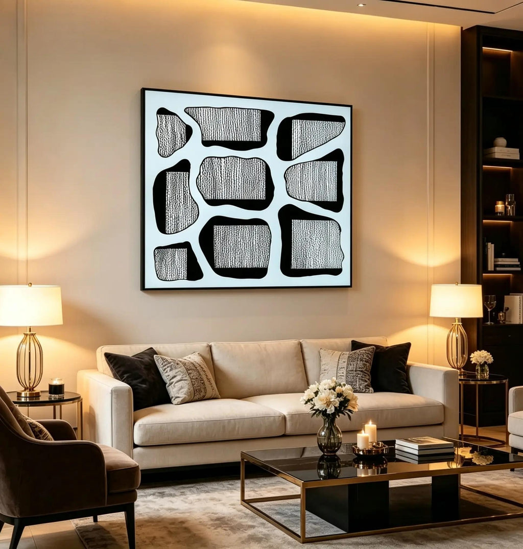 Textured Stones art print displayed as large framed wall art in a luxury living room