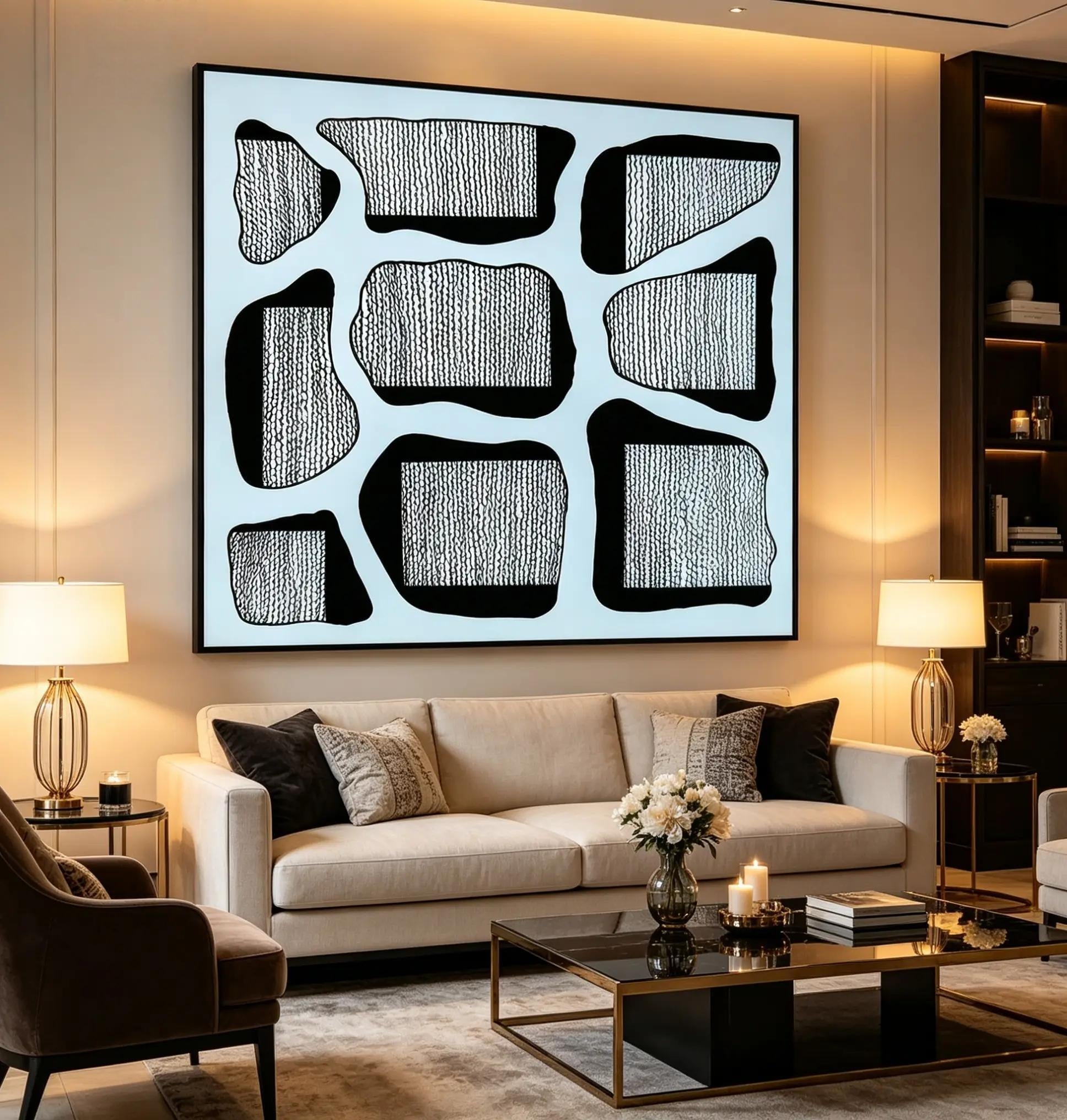 Textured Stones art print displayed as oversized framed wall art in a luxury living room