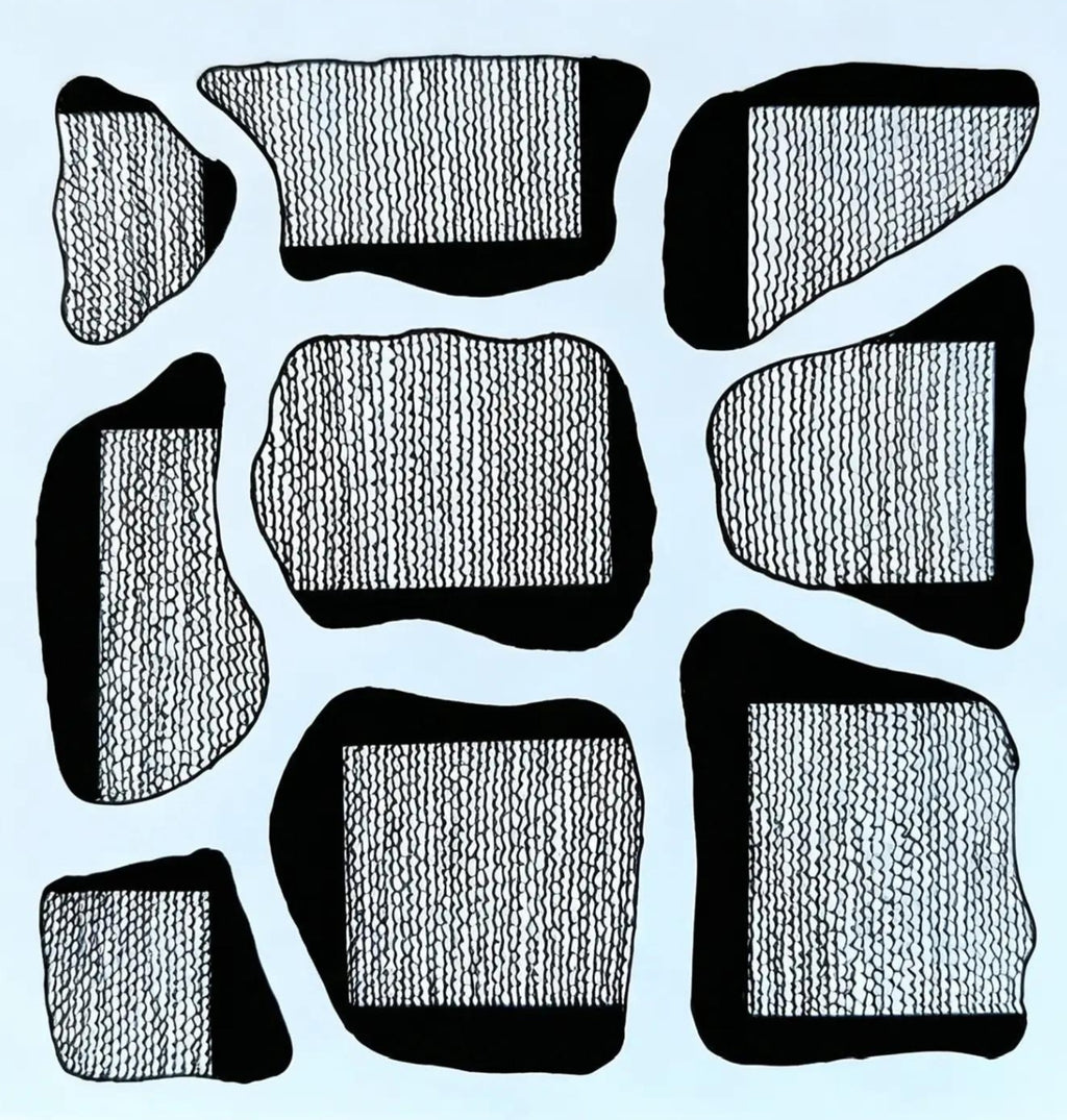 Textured Stones abstract doodle art print — hand-drawn organic stone forms with wavy line textures on soft blue background