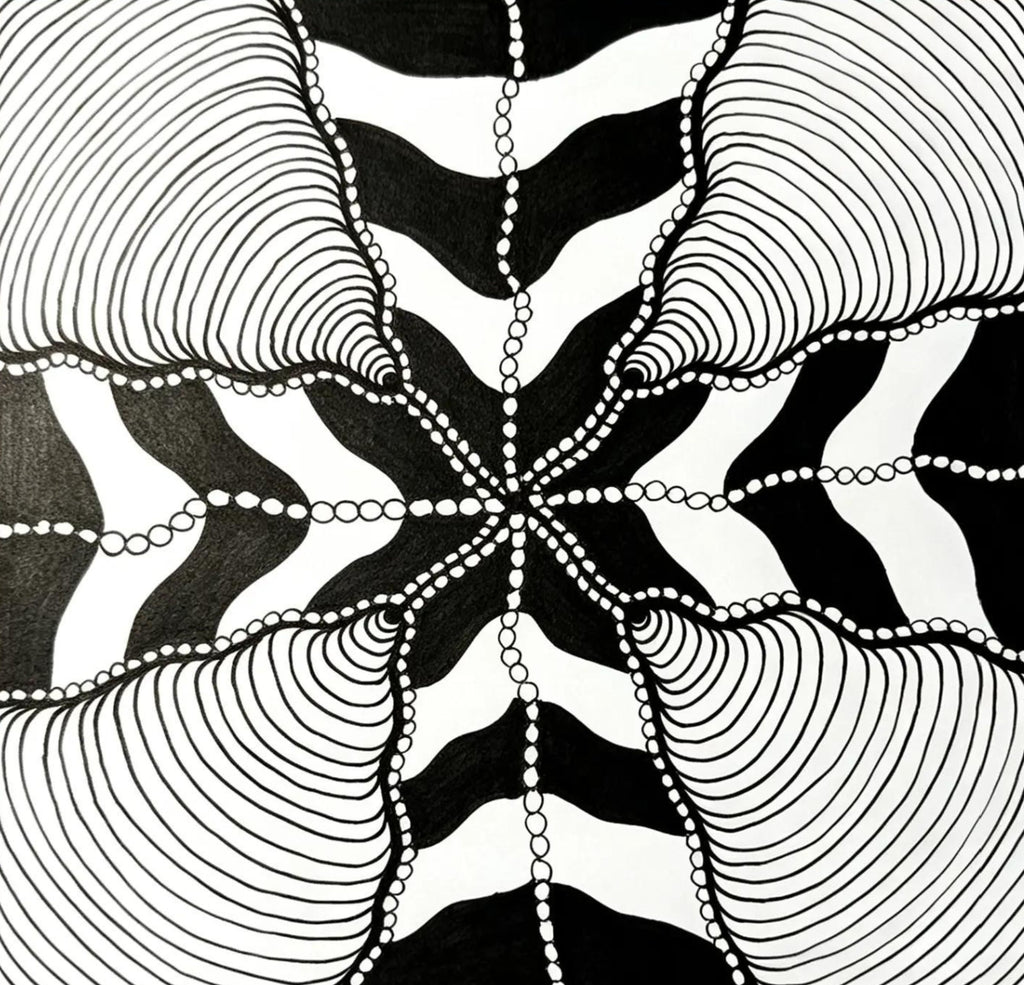 Wave Zentangle Mandala — Original hand-drawn black & white art print