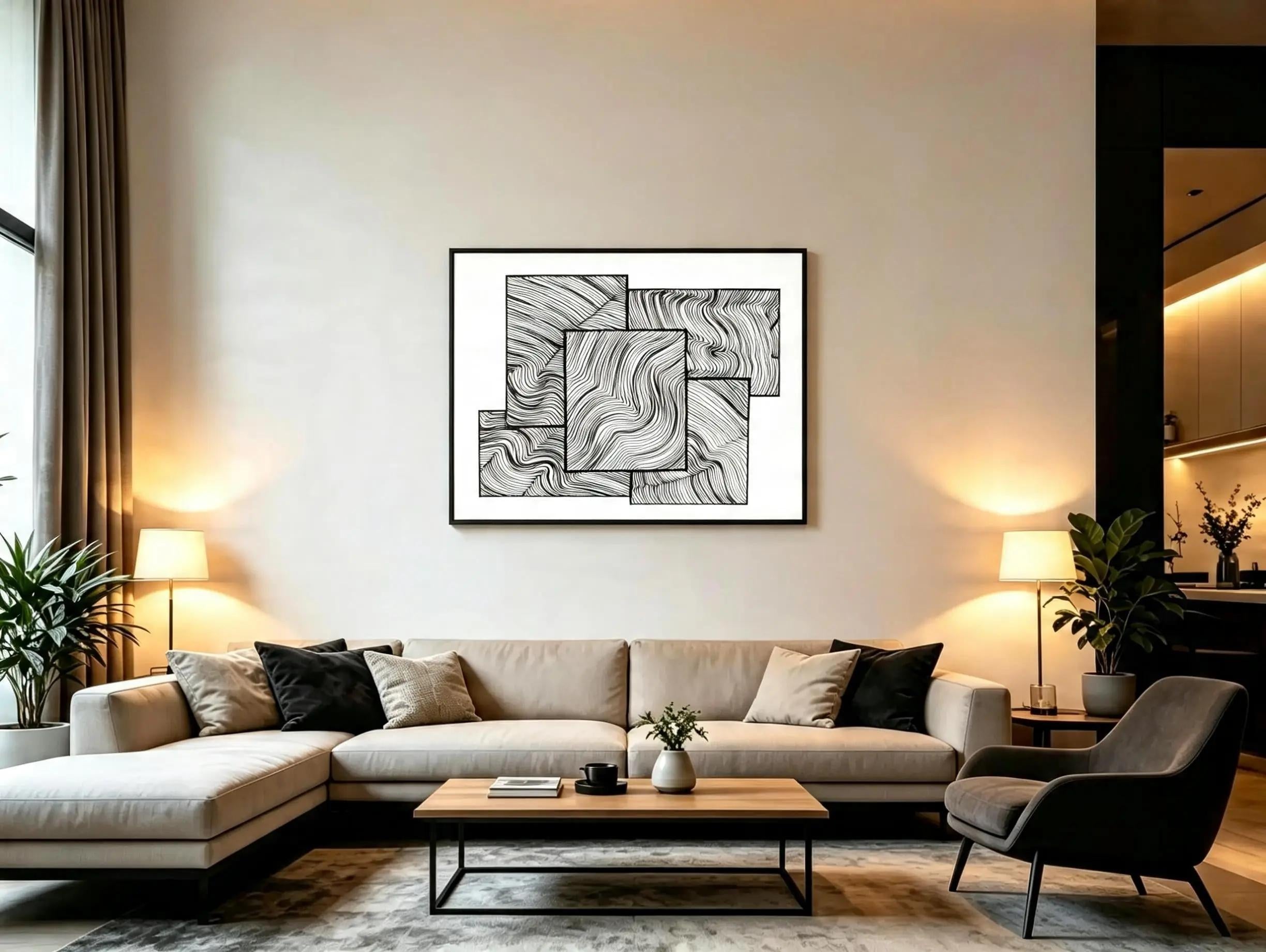 Layered Rectangles Wave Art Print — Living Room Mockup 1
