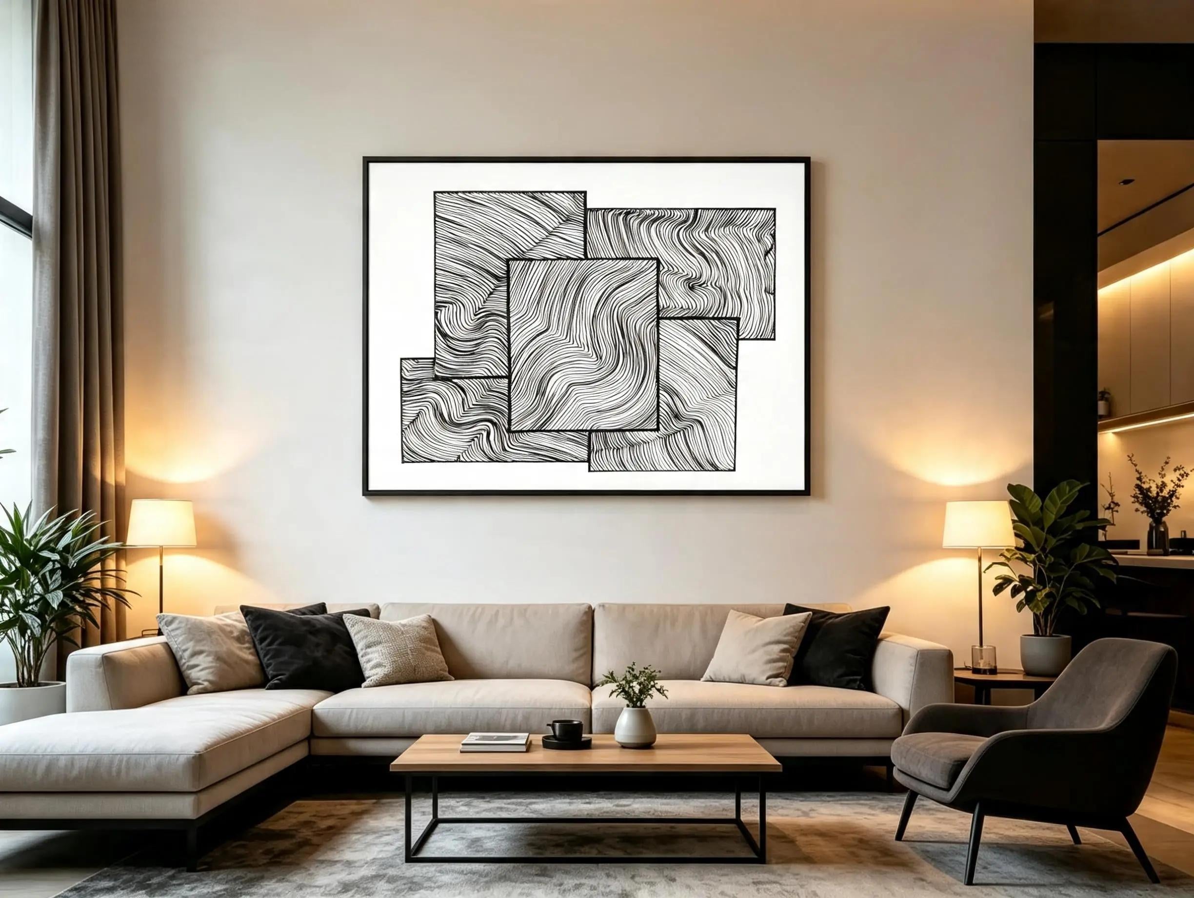 Layered Rectangles Wave Art Print — Living Room Mockup 3
