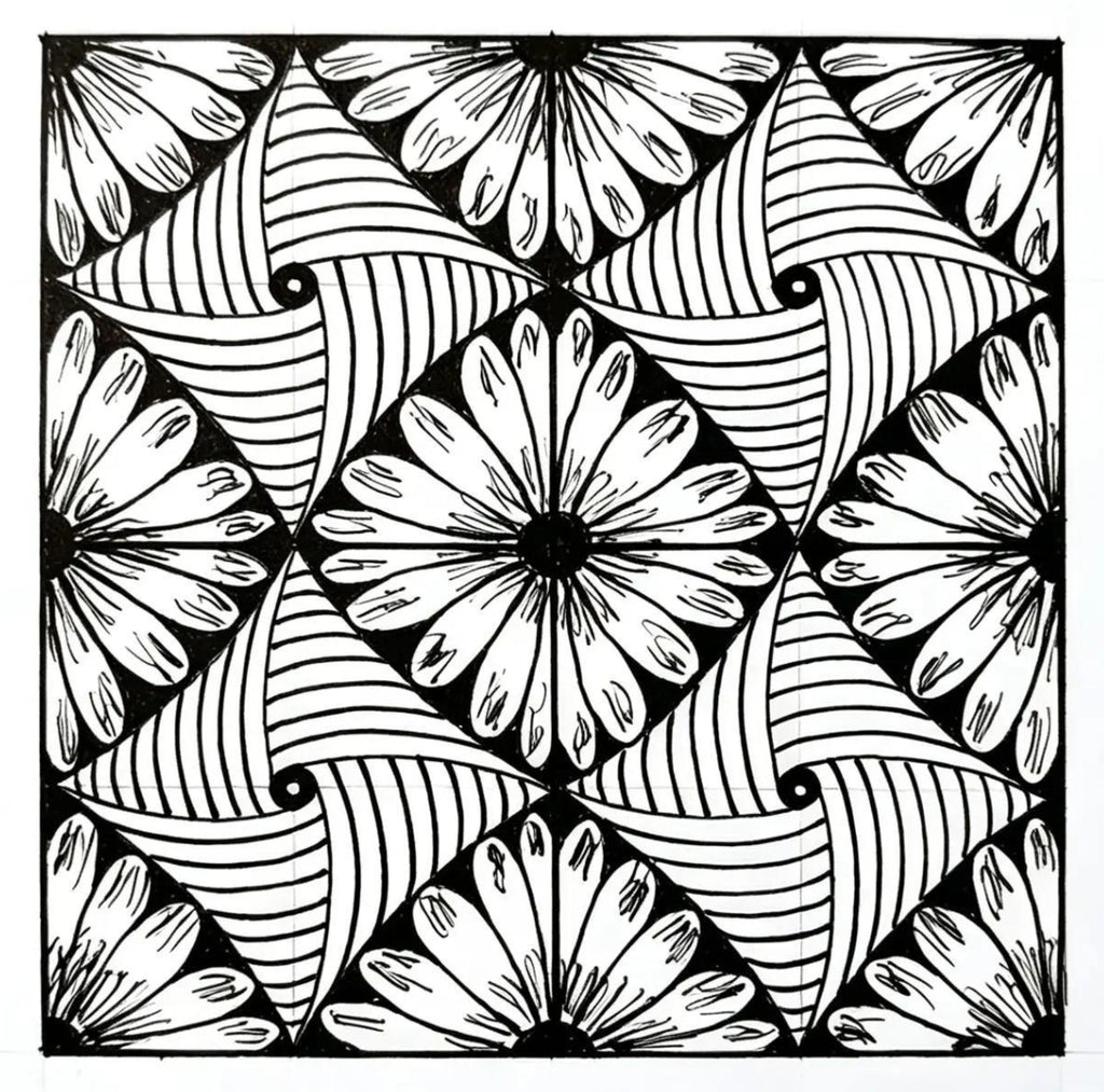 Floral Zentangle Pattern Art Print — Printable Black & White Geometric Wall Decor | Digital Download
