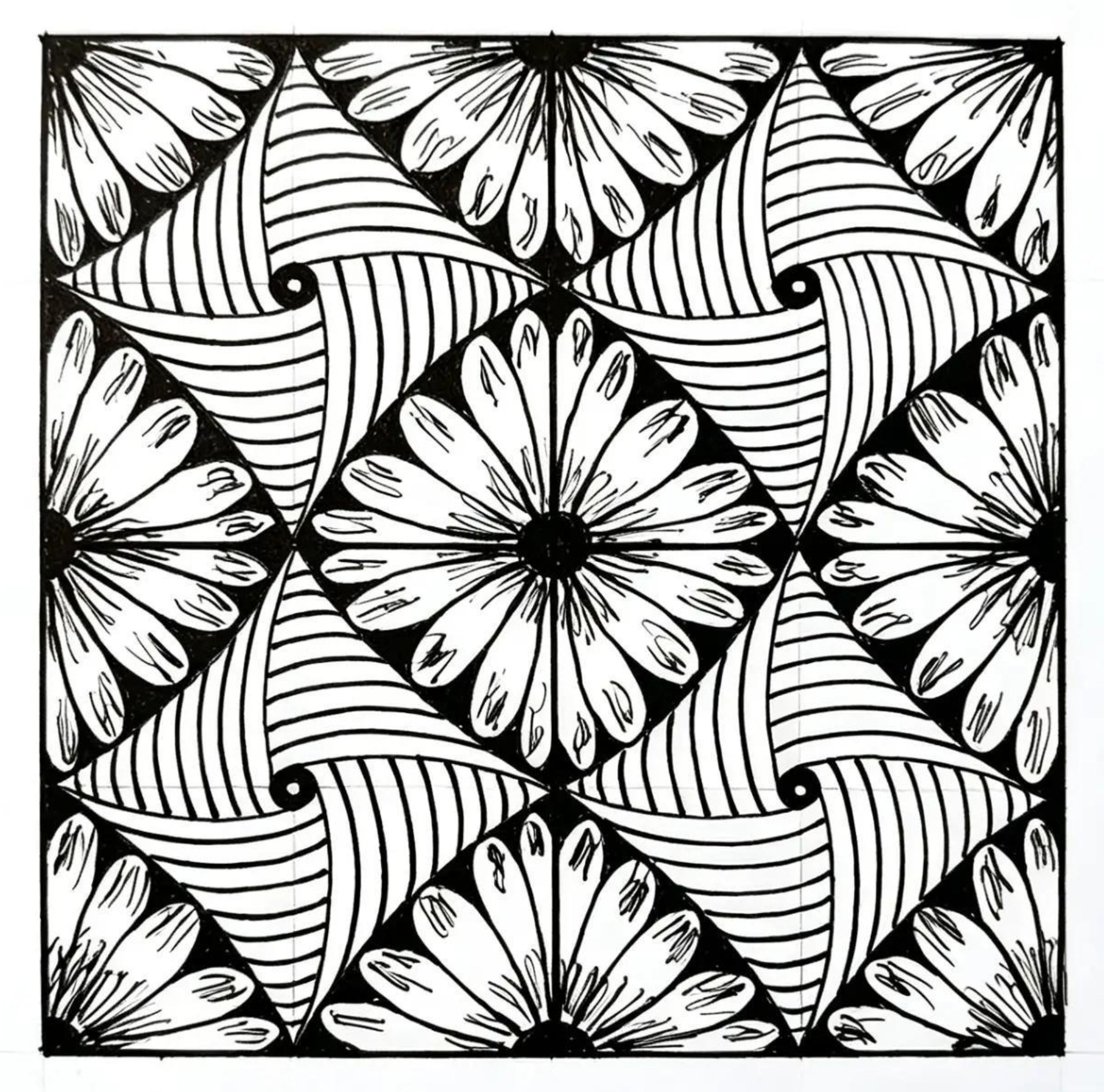 Floral Zentangle Pattern Art Print — Printable Black & White Geometric Wall Decor | Digital Download