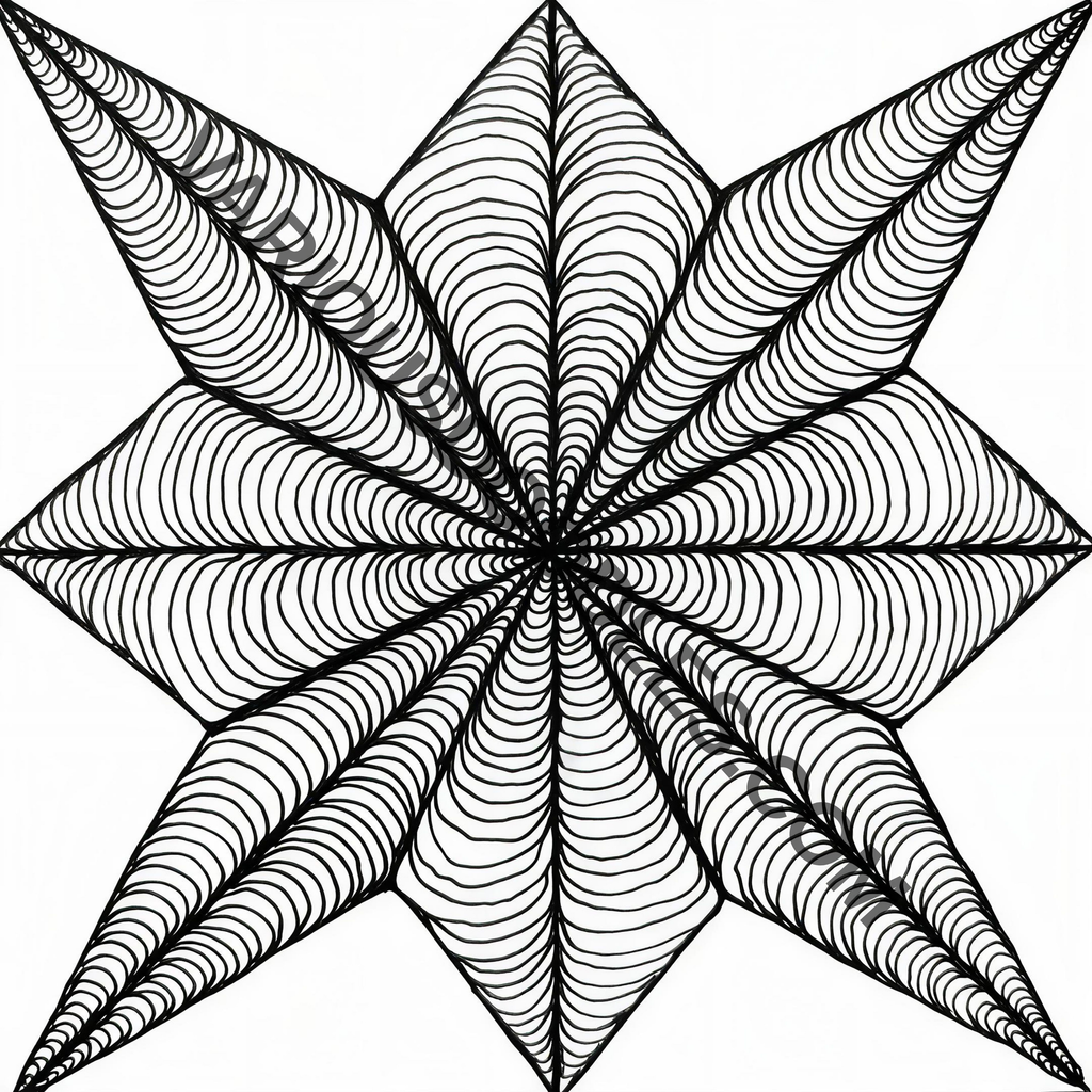 8-pointed star zentangle art print, original hand-drawn black and white geometric pattern, printable digital download