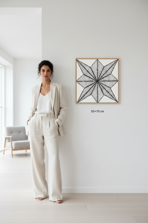 8 pointed star zentangle art print canvas mockup 50x70 cm size reference with model, black and white geometric wall decor
