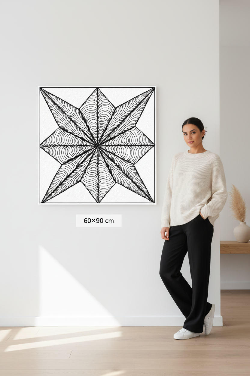 8 pointed star zentangle art print canvas mockup 60x90 cm size reference with model, black and white geometric wall decor