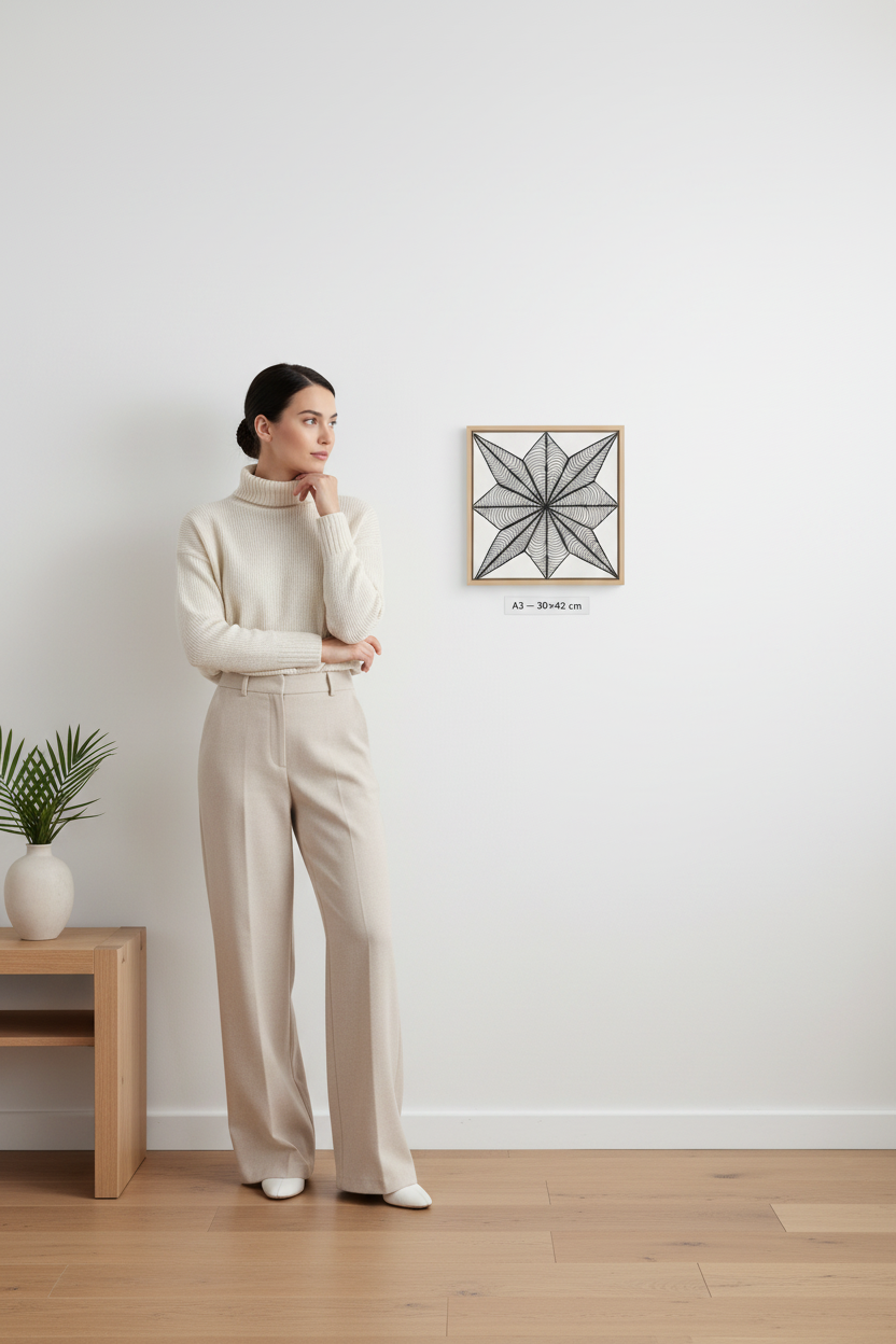 8 pointed star zentangle art print canvas mockup A3 30x42 cm size reference with model, black and white geometric wall decor