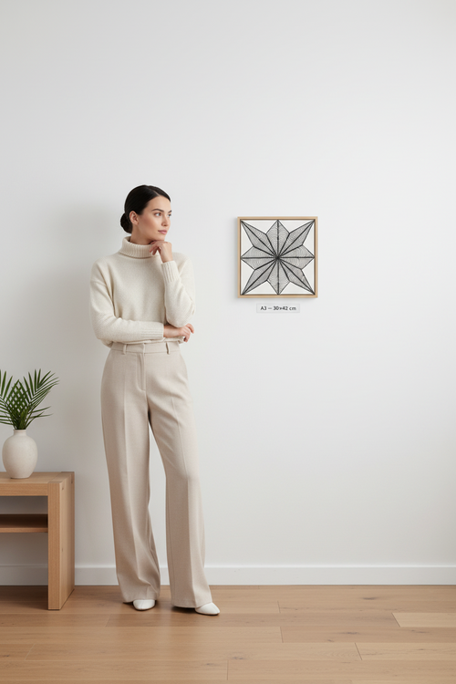 8 pointed star zentangle art print canvas mockup A3 30x42 cm size reference with model, black and white geometric wall decor