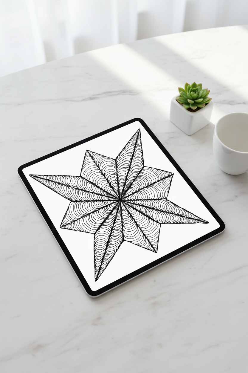 8-pointed star zentangle art print digital download preview on iPad screen, black and white geometric optical illusion printable wall decor