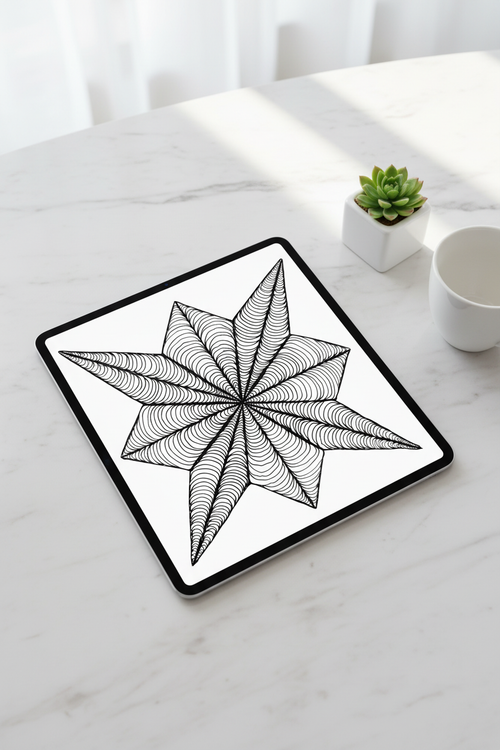 8-pointed star zentangle art print digital download preview on iPad screen, black and white geometric optical illusion printable wall decor