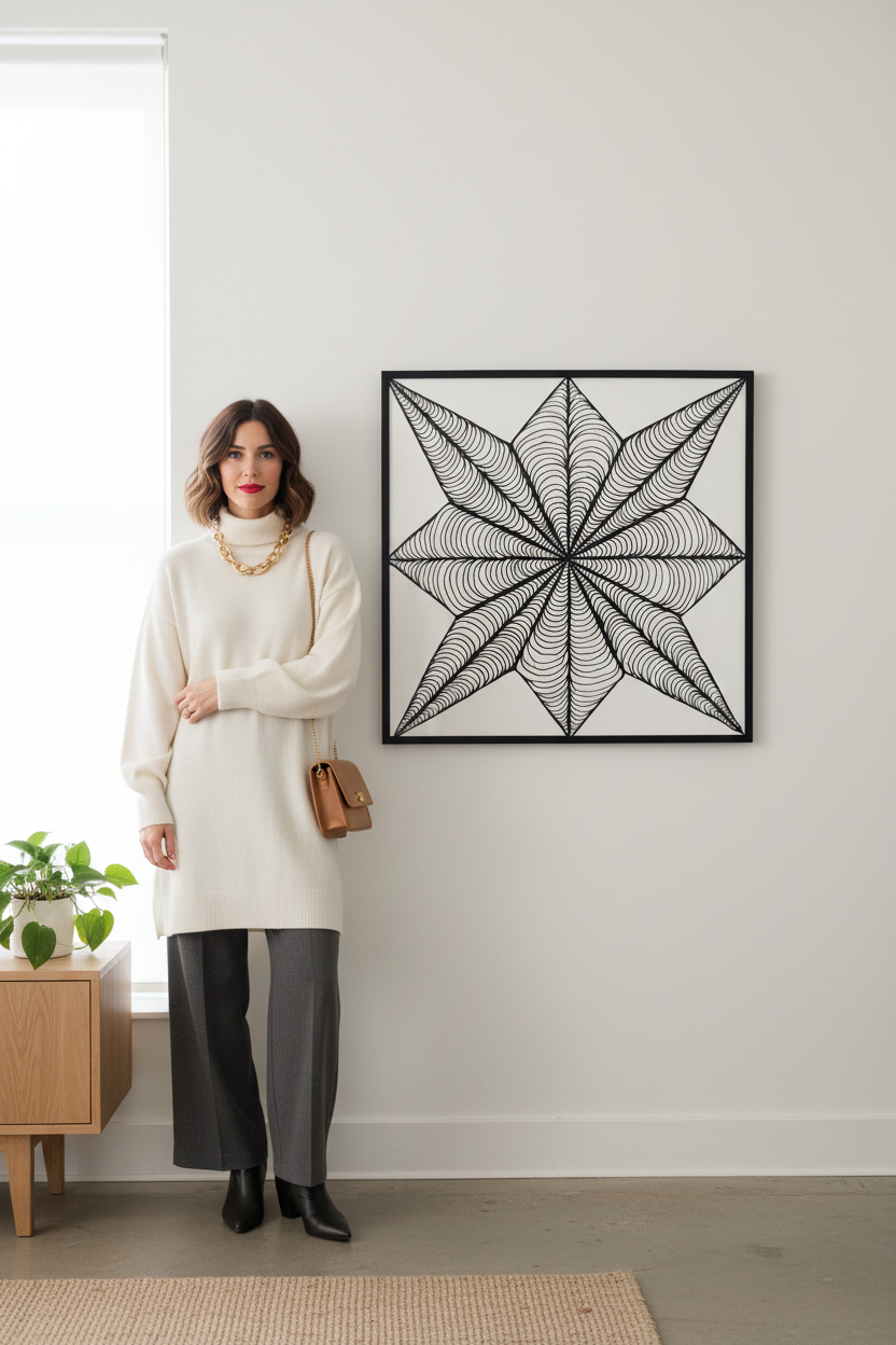 8-pointed star zentangle art print digital download wall mockup with model, black and white geometric optical illusion printable wall decor