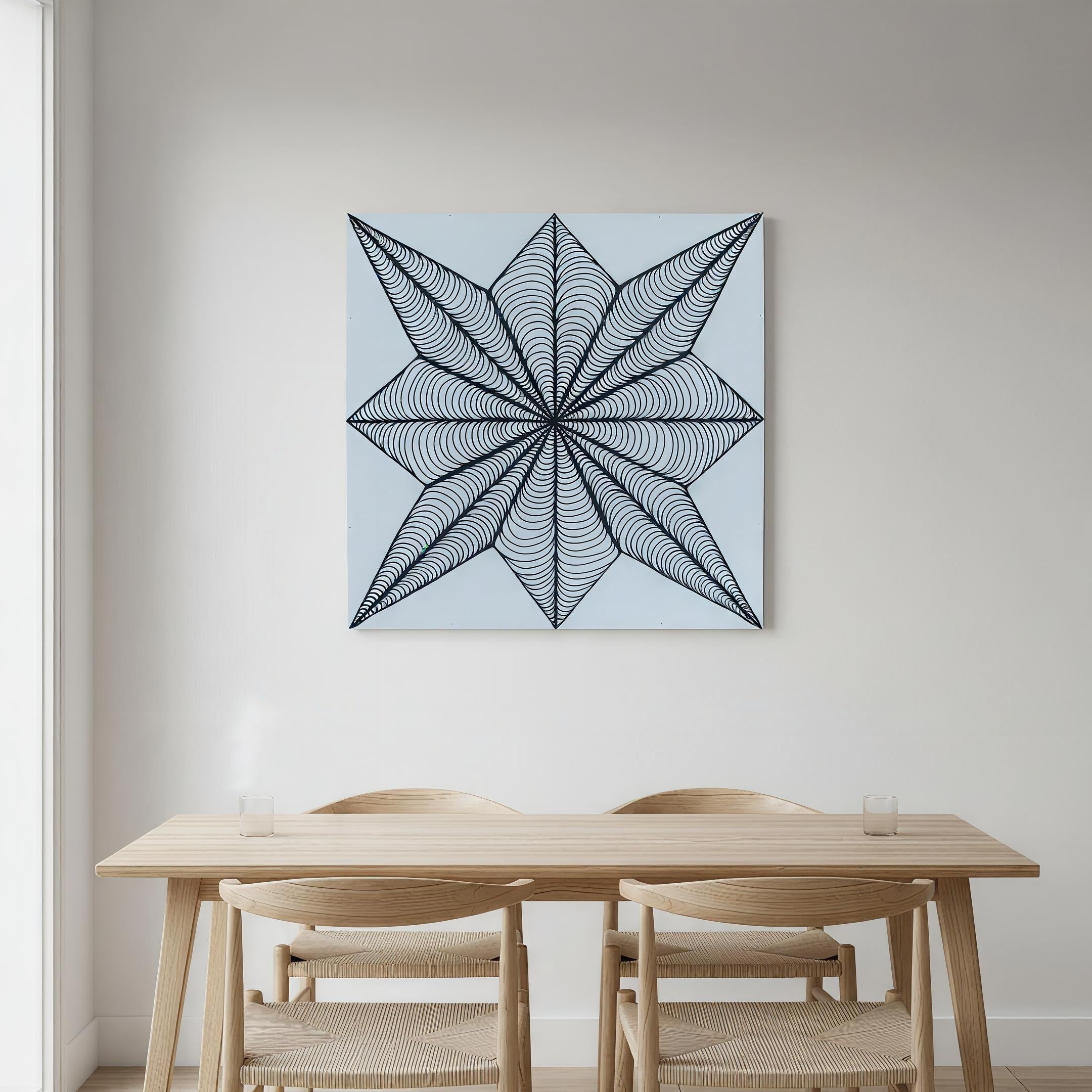 8-pointed star zentangle art print on white wall above wooden dining table, Scandinavian minimalist room wall decor