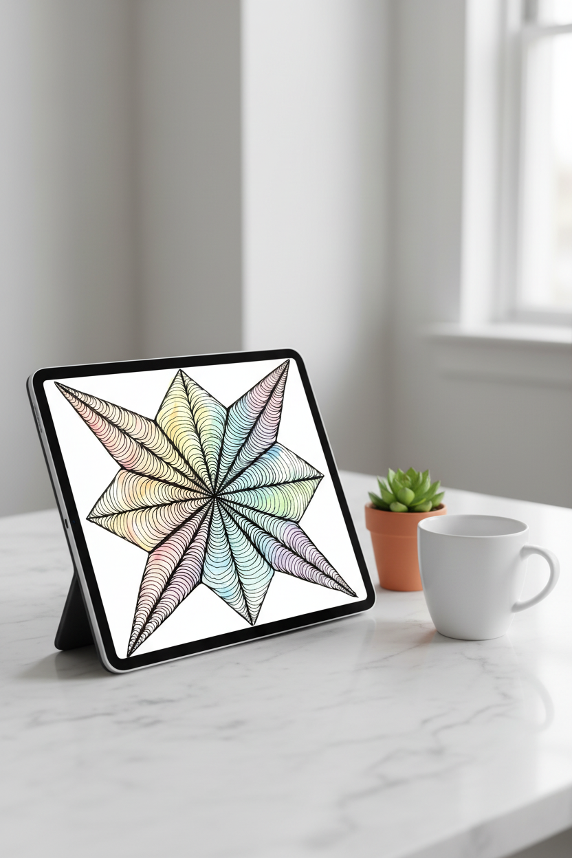8 pointed star zentangle pastel color art print digital download preview on iPad screen, colorful geometric printable wall decor