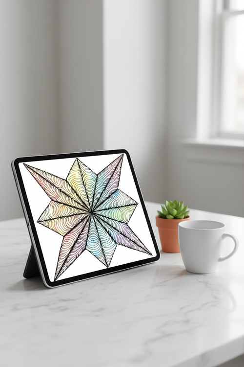 8 pointed star zentangle pastel color art print digital download preview on iPad screen, colorful geometric printable wall decor