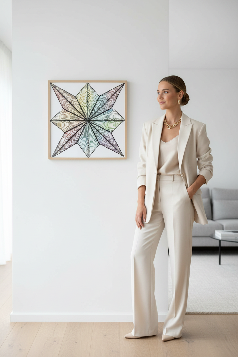 8 pointed star zentangle pastel color art print digital download wall mockup with model, colorful geometric printable wall decor