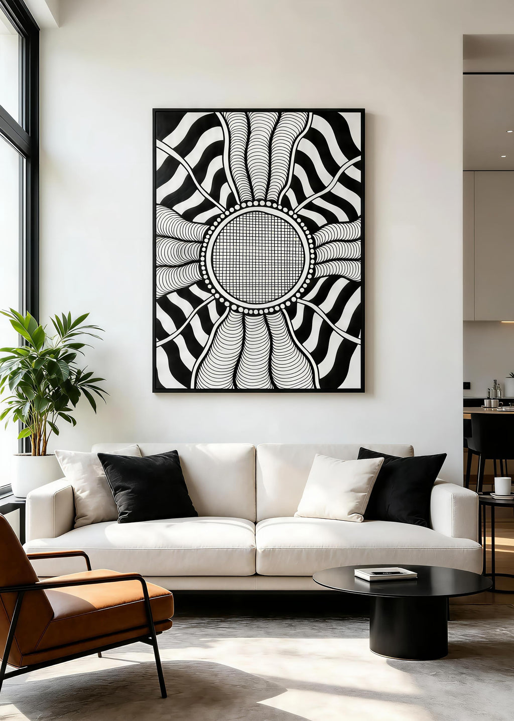 Zentangle mandala black white art print displayed in modern living room above white sofa