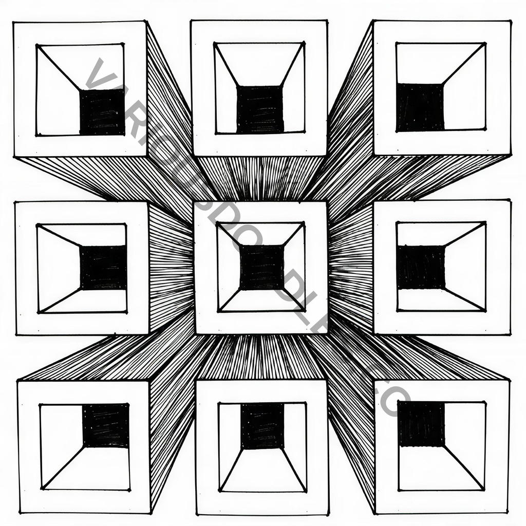 Nine 3D cube optical illusion art print – black white geometric drawing for modern wall decor