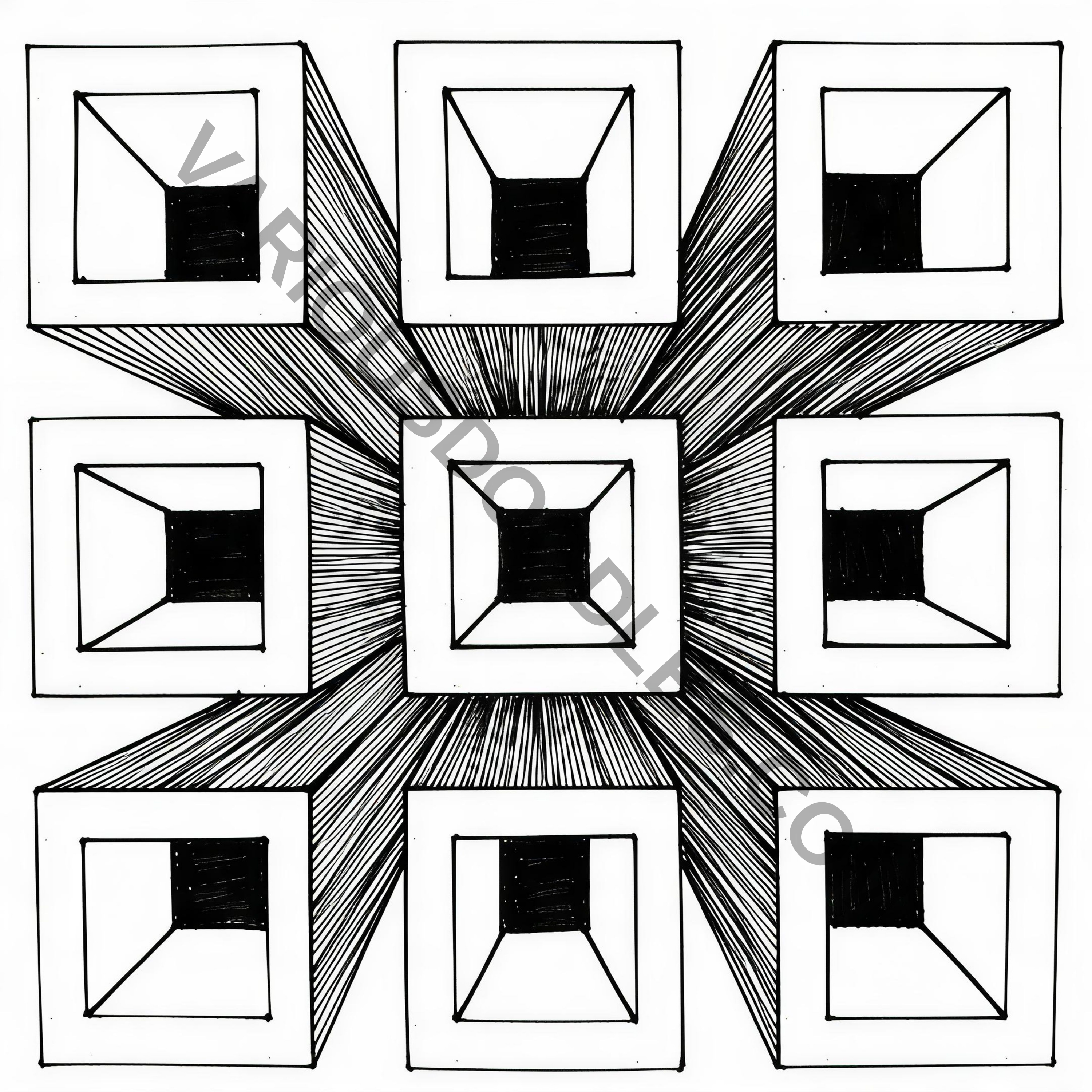 Nine 3D cube optical illusion art print – black white geometric drawing for modern wall decor