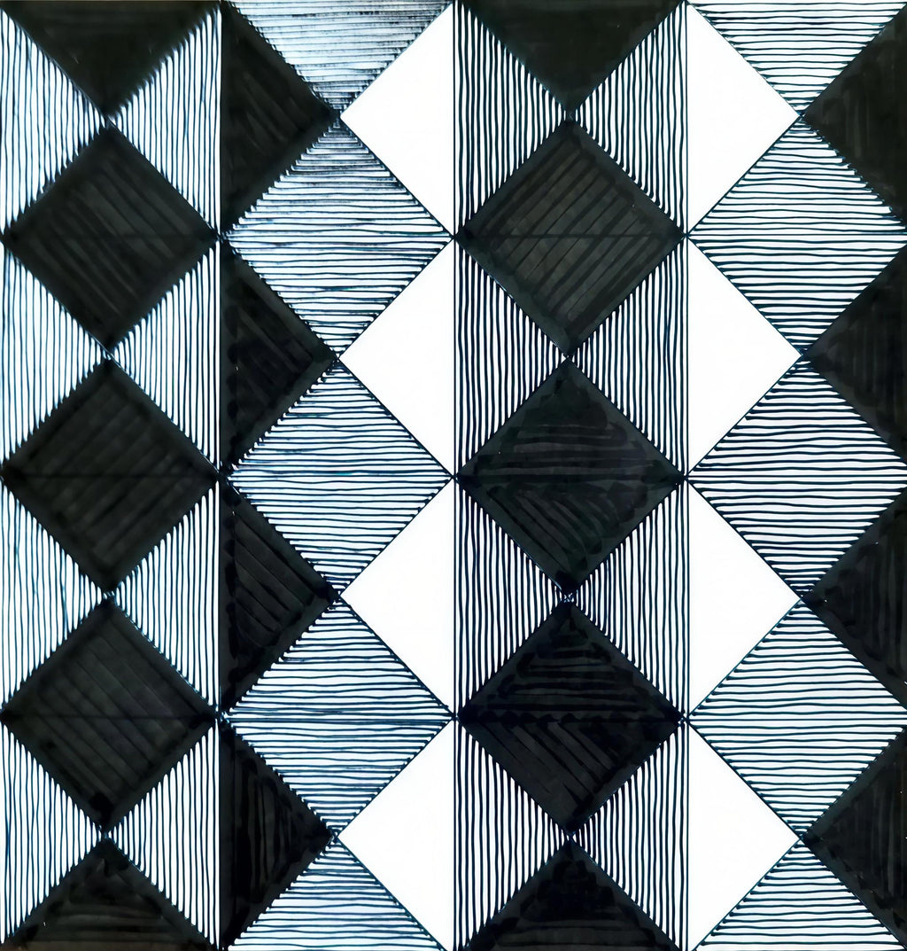 Black and white diamond grid Op-Art drawing by Various Doodles