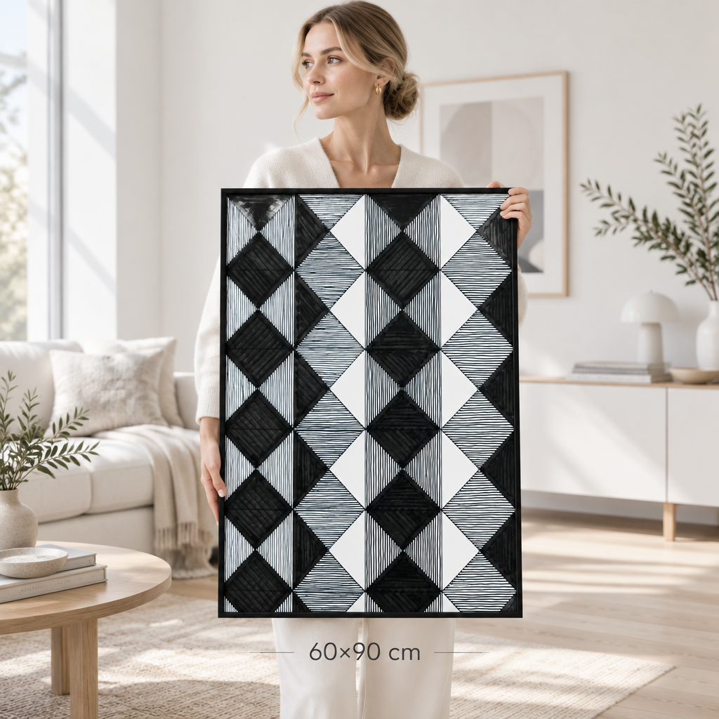Woman holding large 60x90 cm diamond grid Op-Art print in minimalist white Scandinavian interior