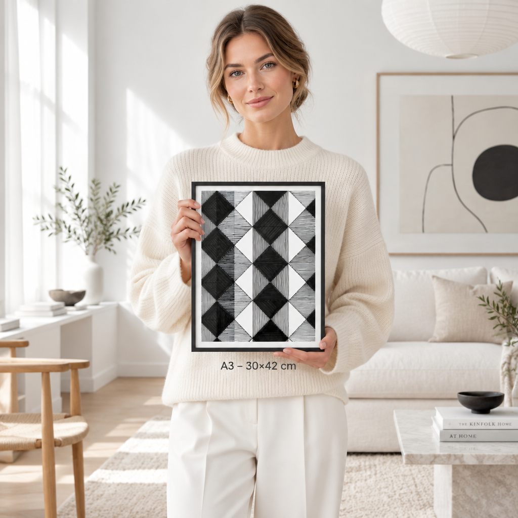 Woman holding A3 diamond grid Op-Art print in minimalist white Scandinavian interior
