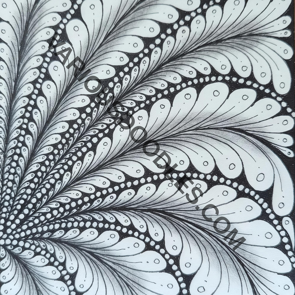 Feather zentangle original hand-drawn black and white art print with dramatic dark background, printable wall art