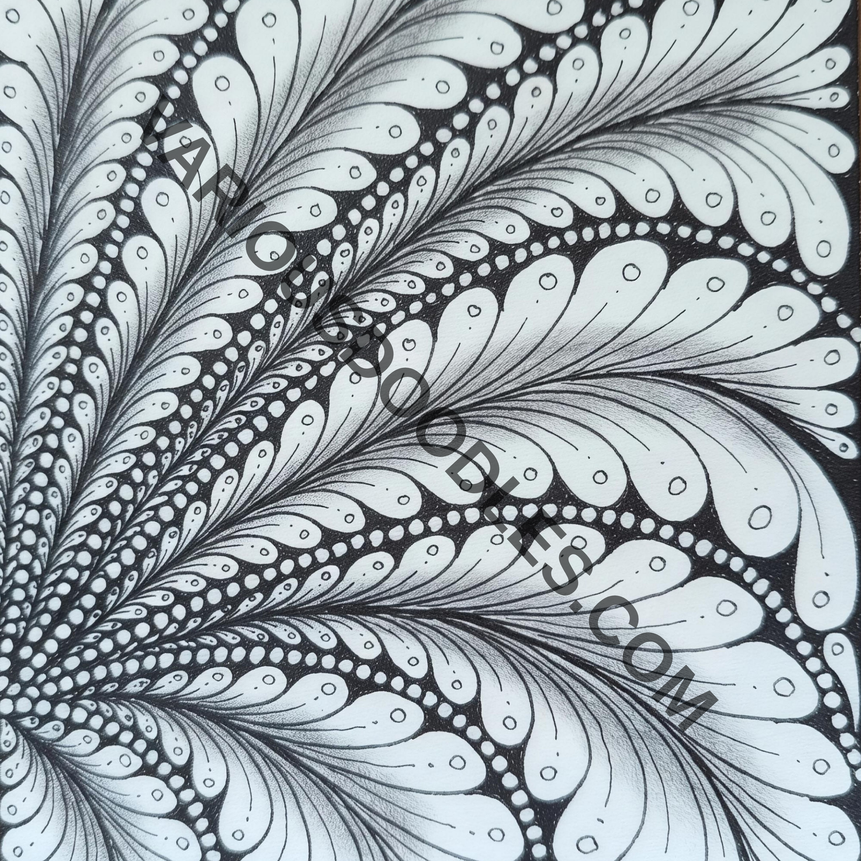 Feather zentangle original hand-drawn black and white art print with dramatic dark background, printable wall art