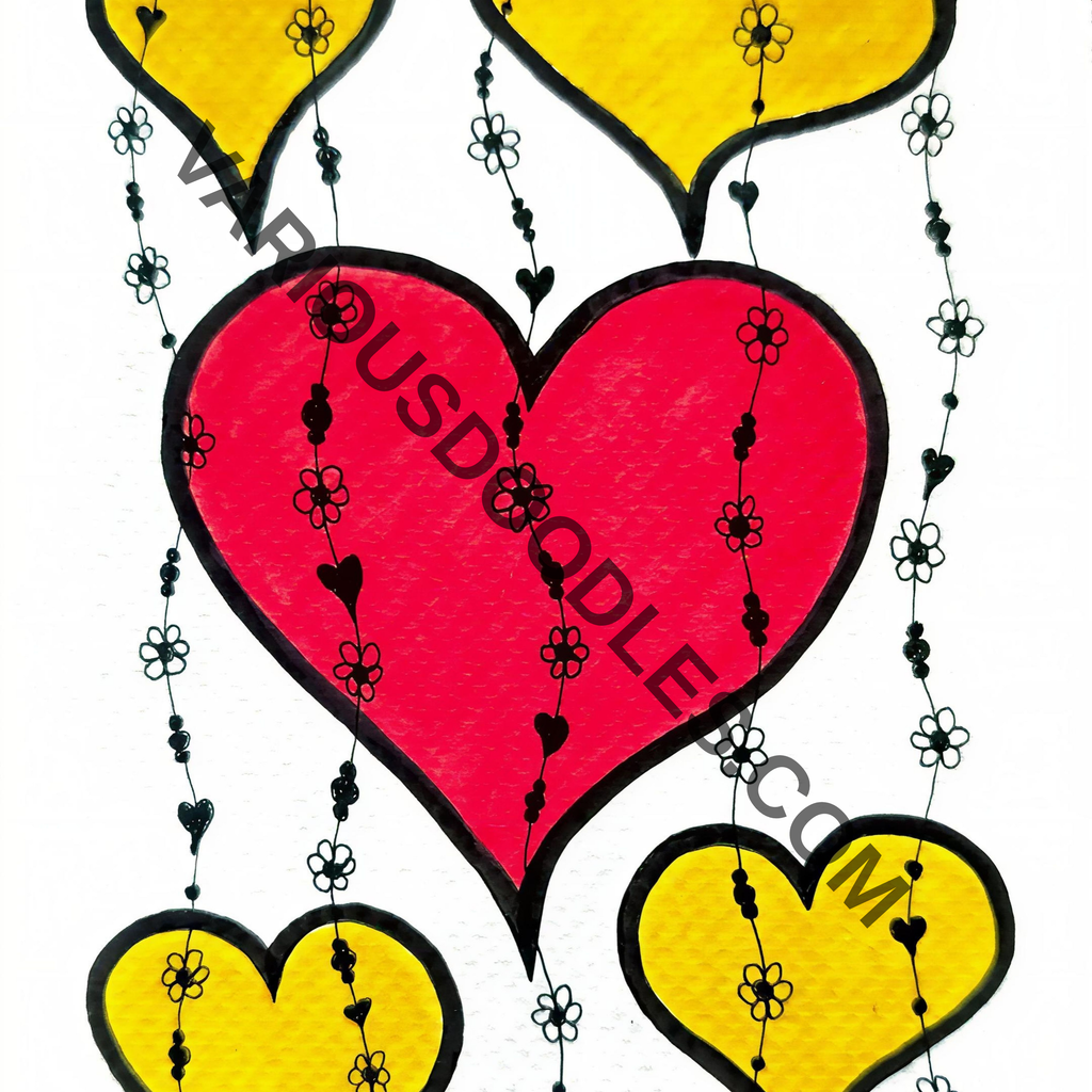 Colourful floating hearts with floral chains hand-drawn doodle art by Various Doodles