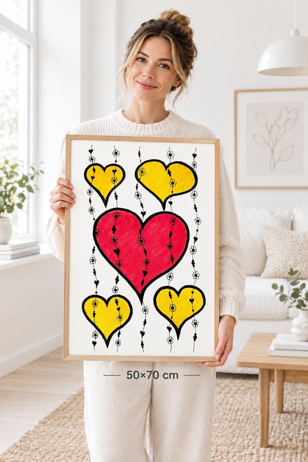 Woman holding 50x70 cm floating hearts doodle art print in minimalist white Scandinavian interior