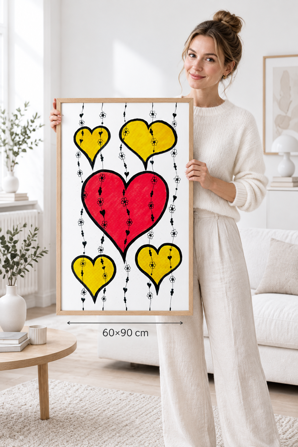 Woman holding large 60x90 cm floating hearts doodle art print in minimalist white Scandinavian interior