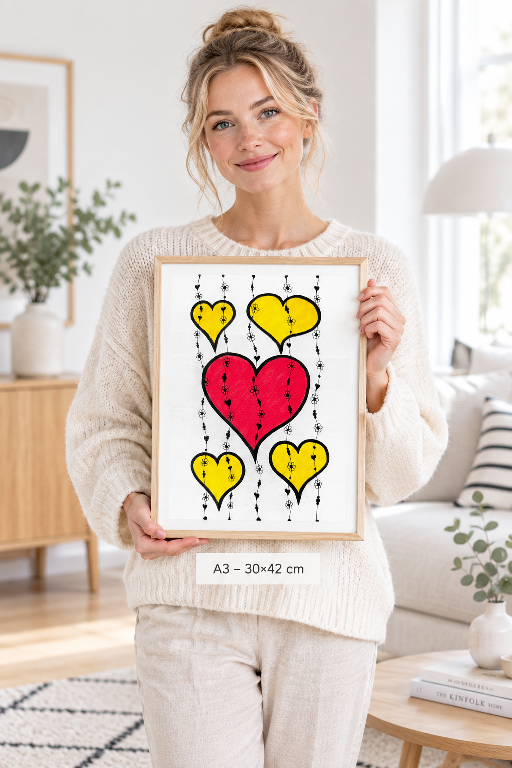 Woman holding A3 floating hearts doodle art print in minimalist white Scandinavian interior