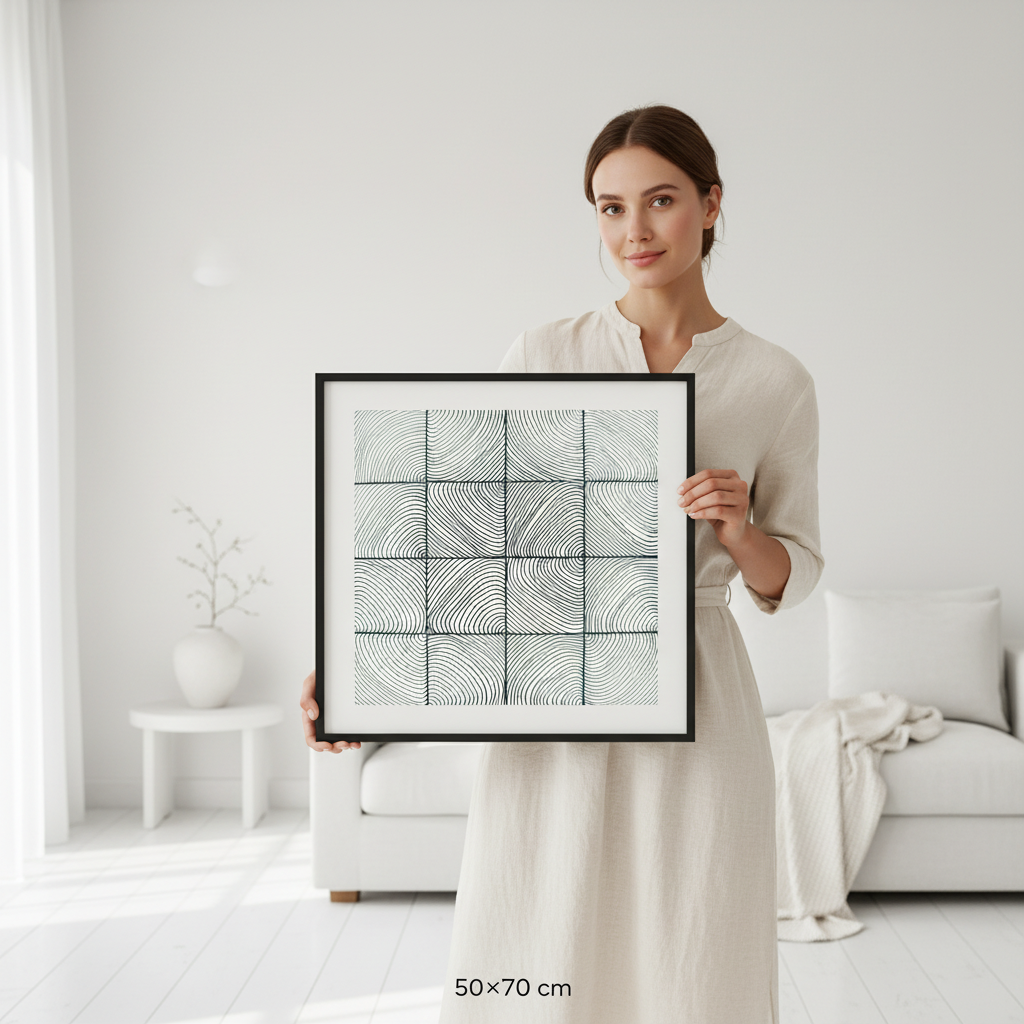 Woman holding 50x70 cm flowing curves zentangle print in minimalist white Scandinavian interior
