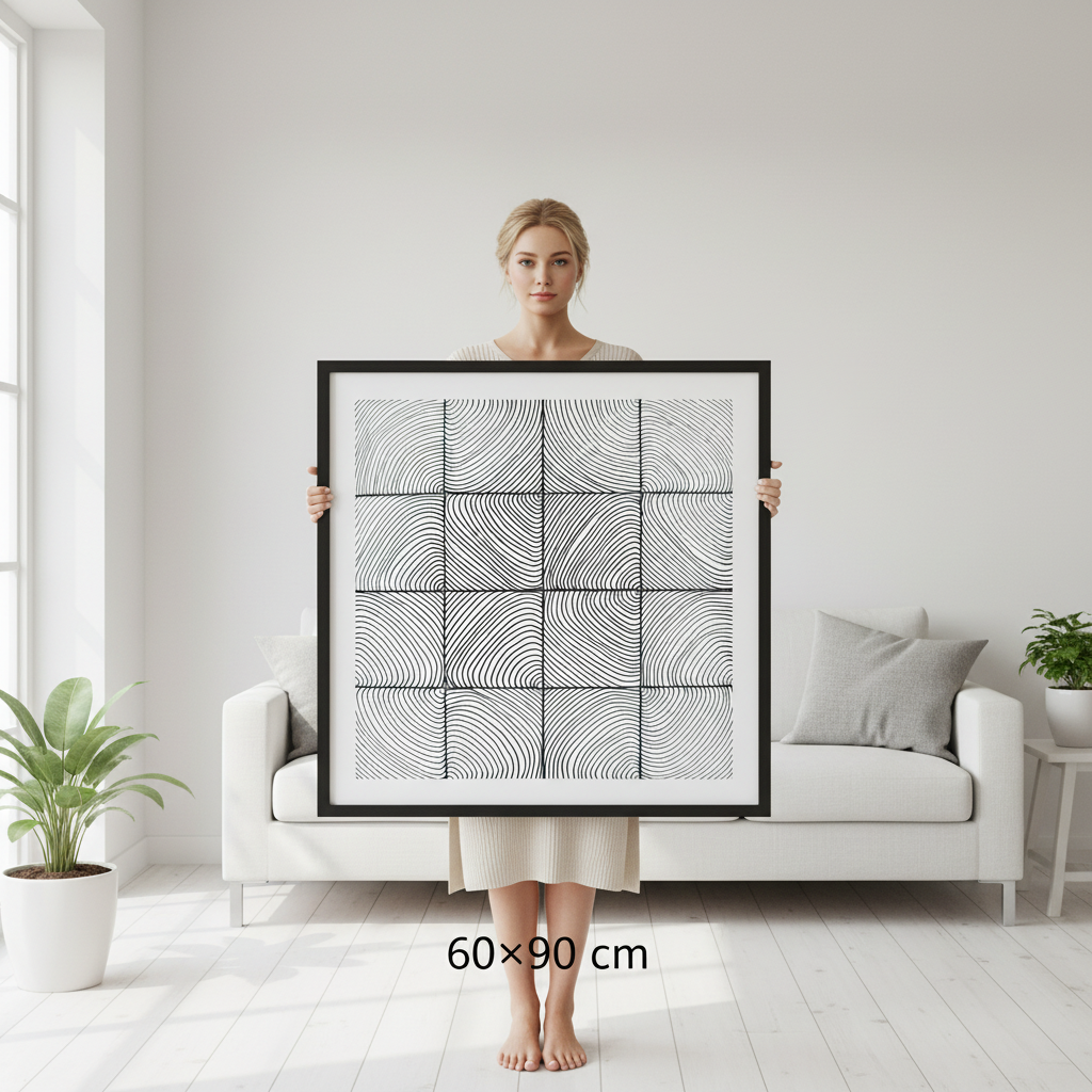 Woman holding large 60x90 cm flowing curves zentangle print in minimalist white Scandinavian interior