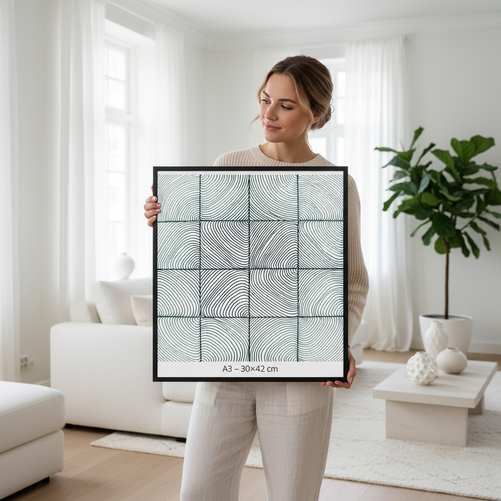 Woman holding A3 flowing curves zentangle print in minimalist white Scandinavian interior