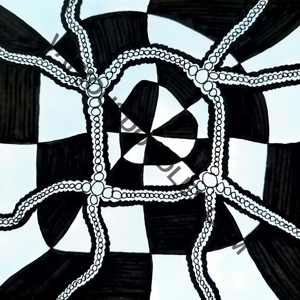 Black and white geometric vortex zentangle drawing by Various Doodles