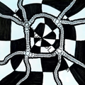 Black and white geometric vortex zentangle drawing by Various Doodles