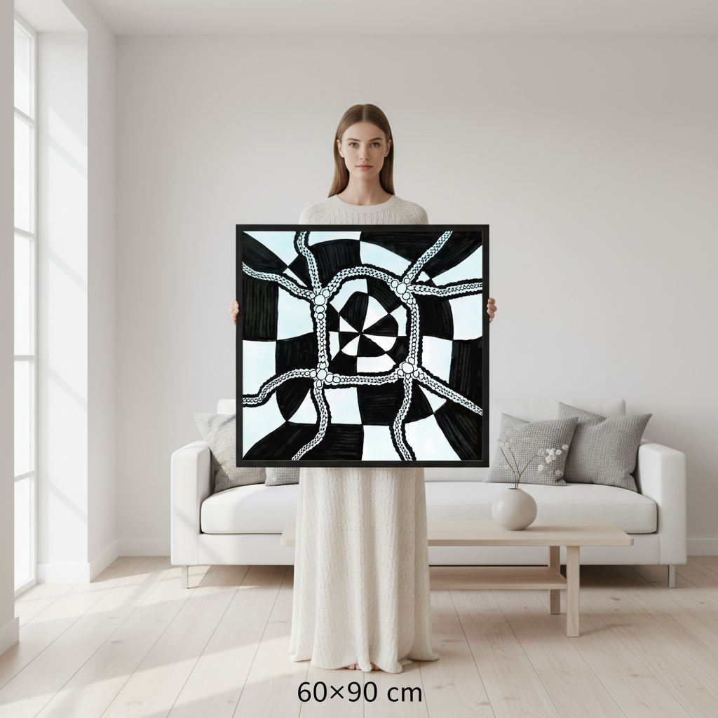 Woman holding 50x70 cm geometric vortex zentangle print in minimalist white Scandinavian interior