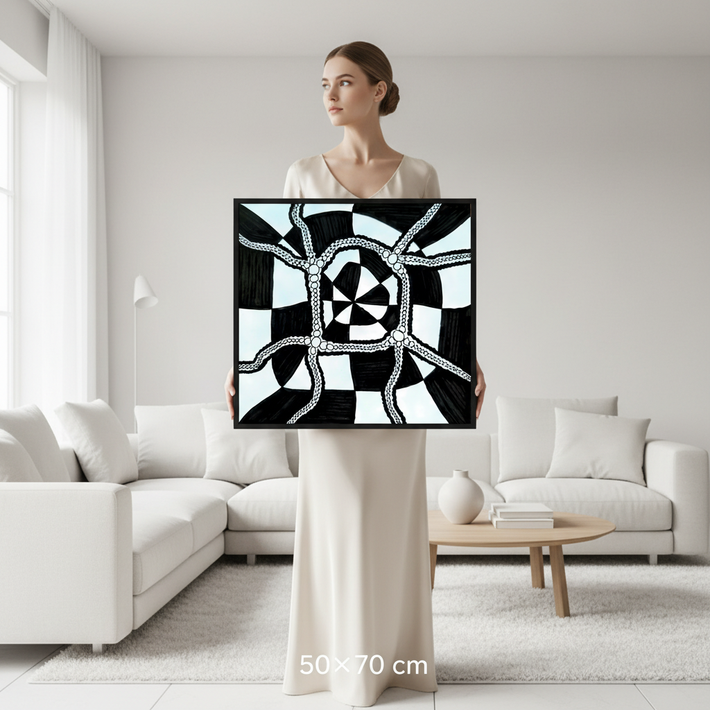 Woman holding A3 geometric vortex zentangle print in minimalist white Scandinavian interior