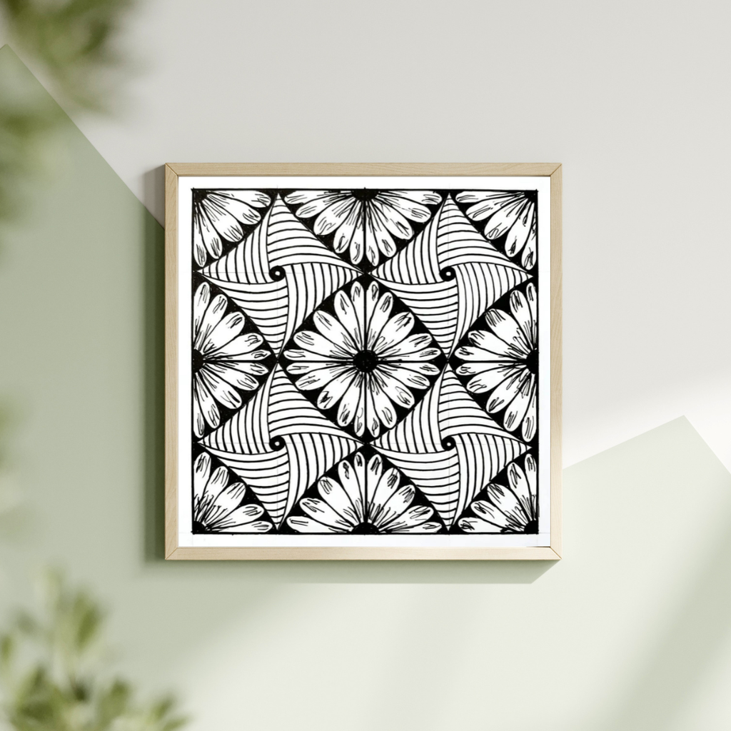 Floral Zentangle Pattern Art Print — Printable Black & White Geometric Wall Decor | Digital Download