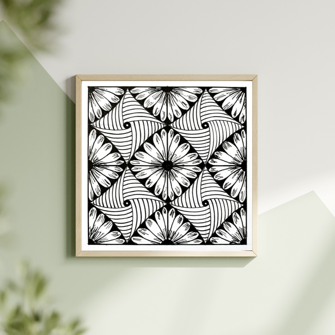 Floral Zentangle Pattern Art Print — Printable Black & White Geometric Wall Decor | Digital Download