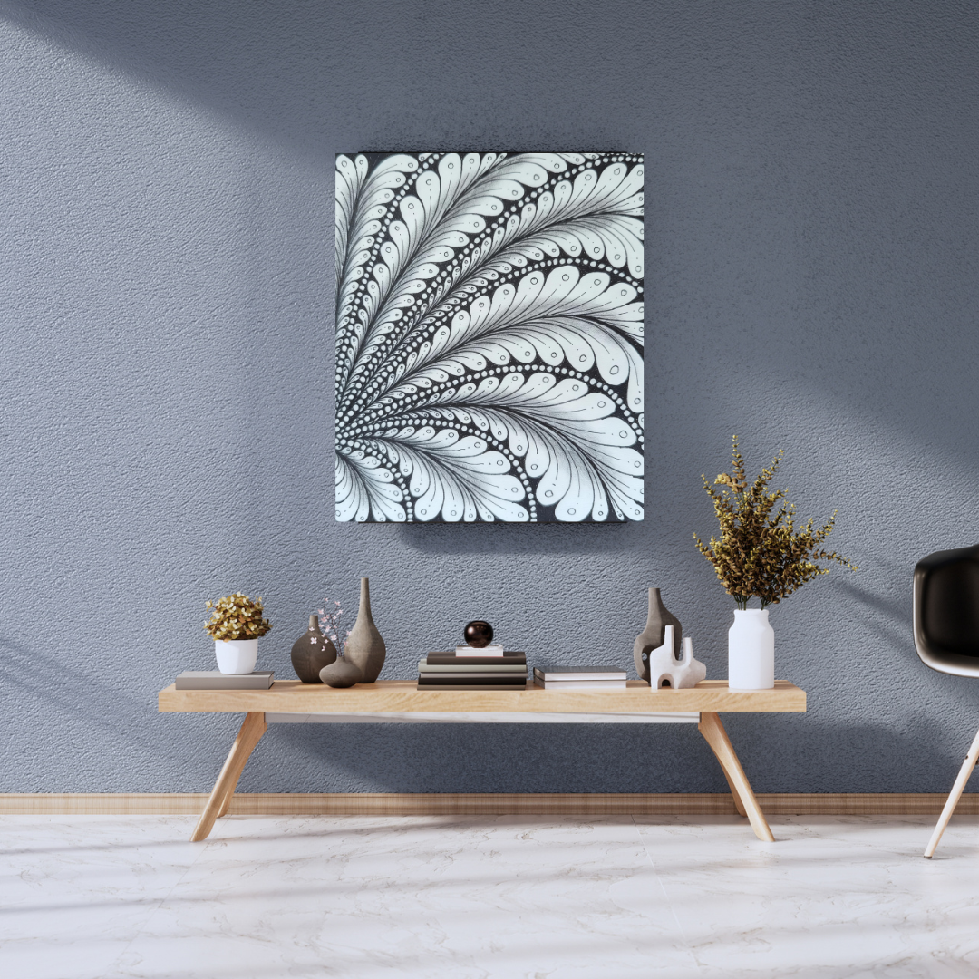 Feather Zentangle Art Print — Printable Black & White Dramatic Wall Decor | Digital Download