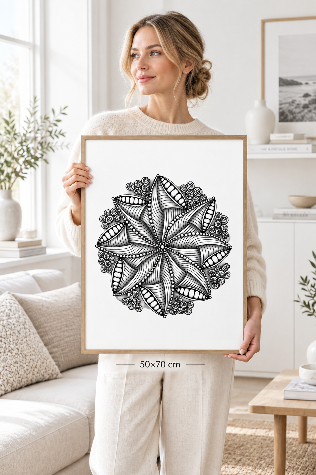 Woman holding 50x70 cm mandala bloom zentangle print in minimalist white Scandinavian interior