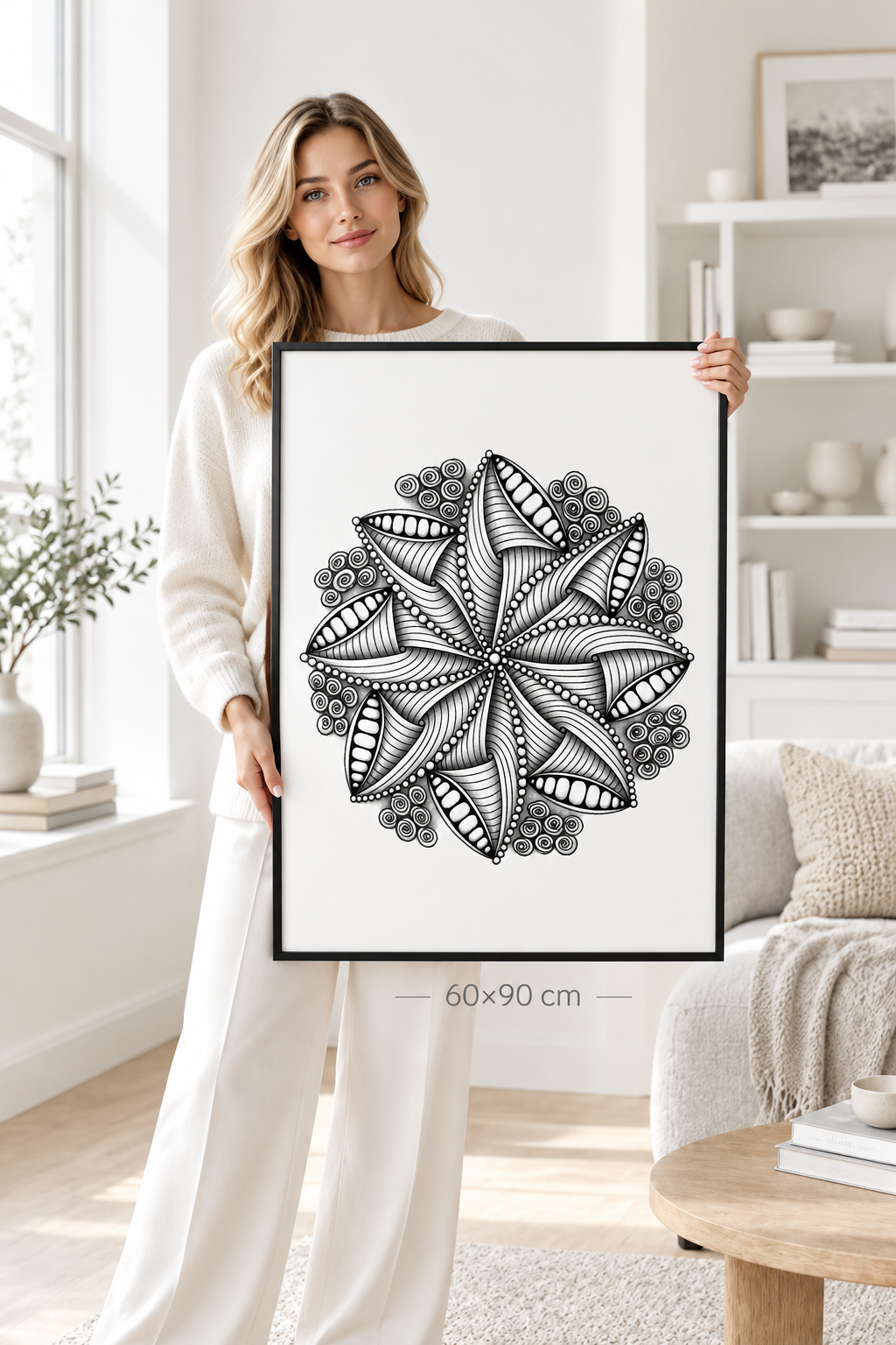 Woman holding large 60x90 cm mandala bloom zentangle print in minimalist white Scandinavian interior