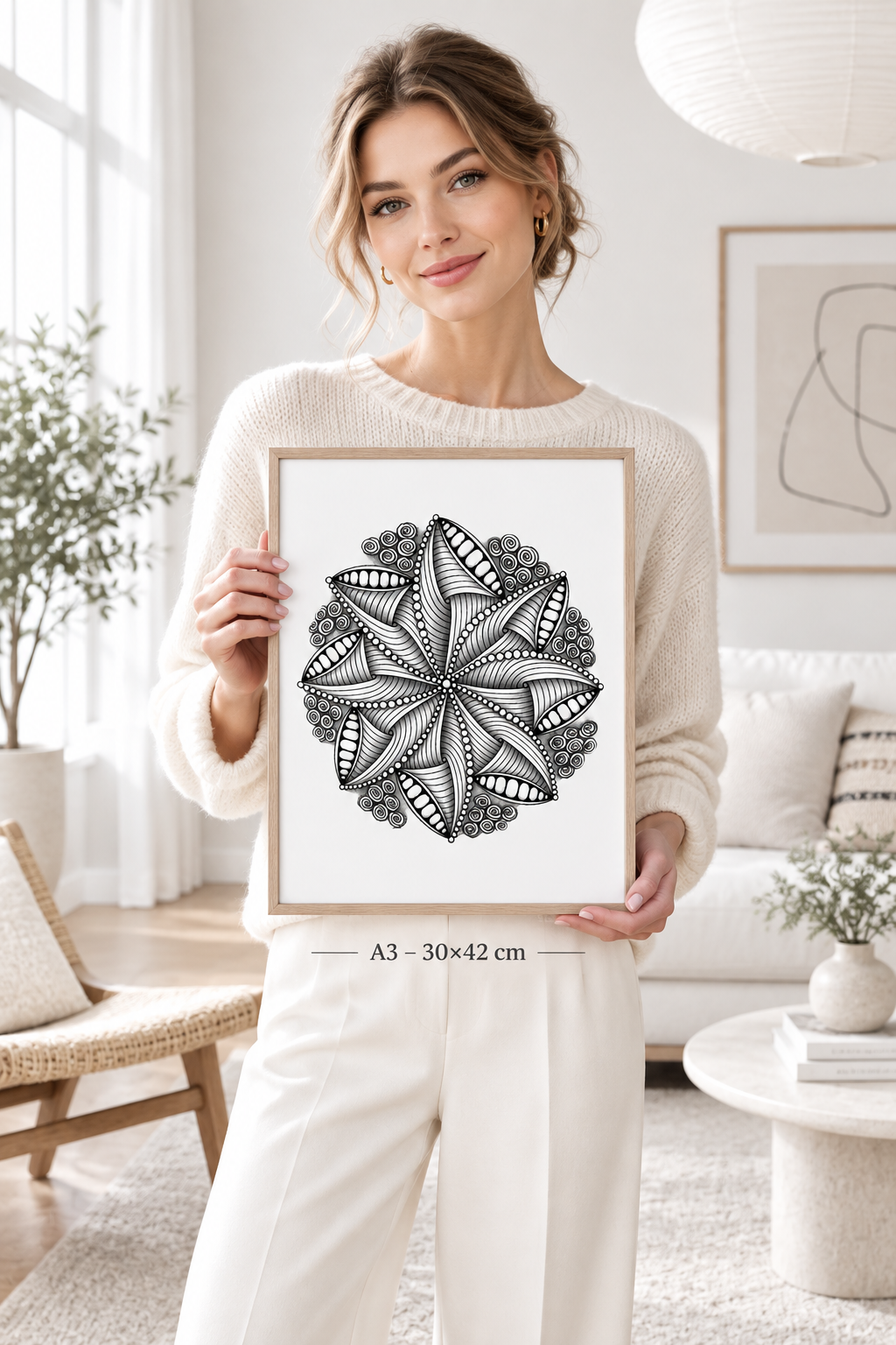Woman holding A3 mandala bloom zentangle print in minimalist white Scandinavian interior