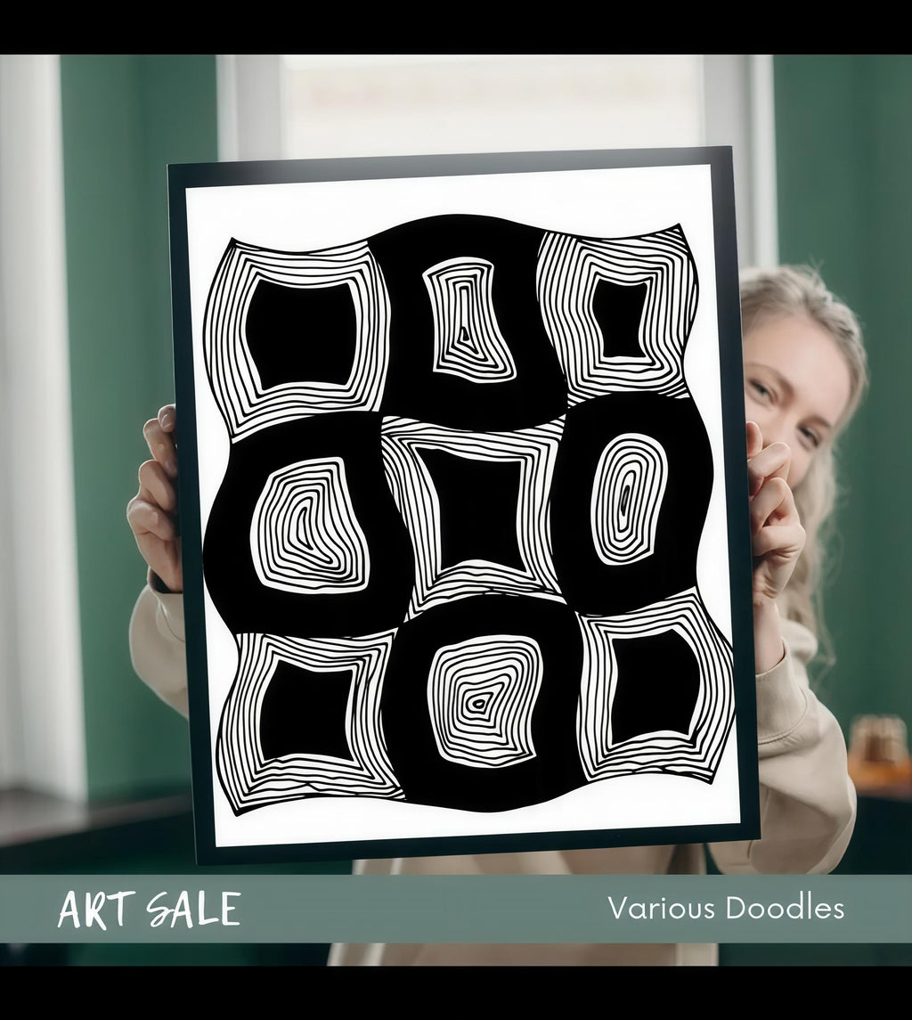 Neun Quadrate Geometrischer Doodle-Kunstdruck — Druckbare Schwarz-Weiß-Wandkunst | Digitaler Download