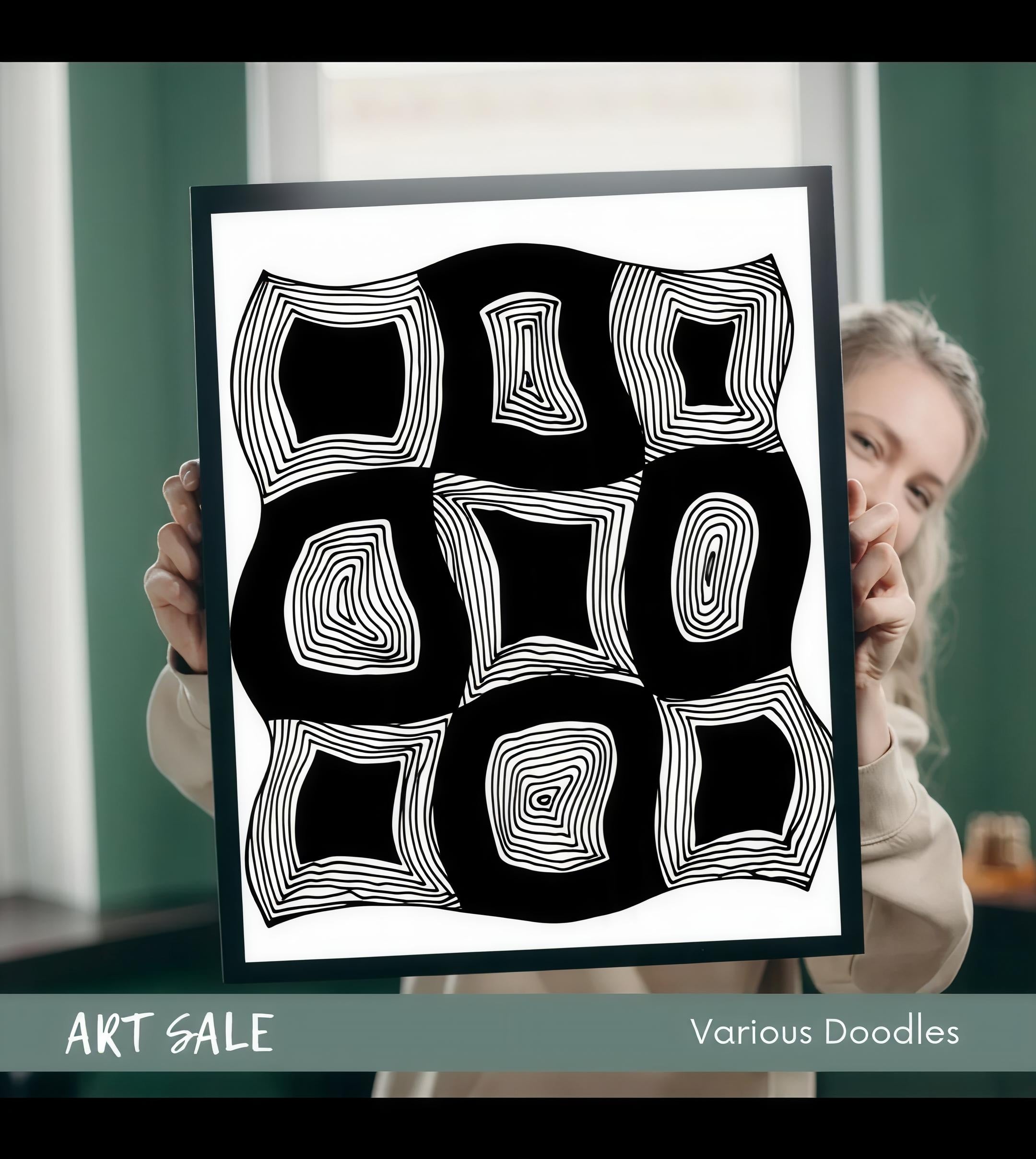 Neun Quadrate Geometrischer Doodle-Kunstdruck — Druckbare Schwarz-Weiß-Wandkunst | Digitaler Download